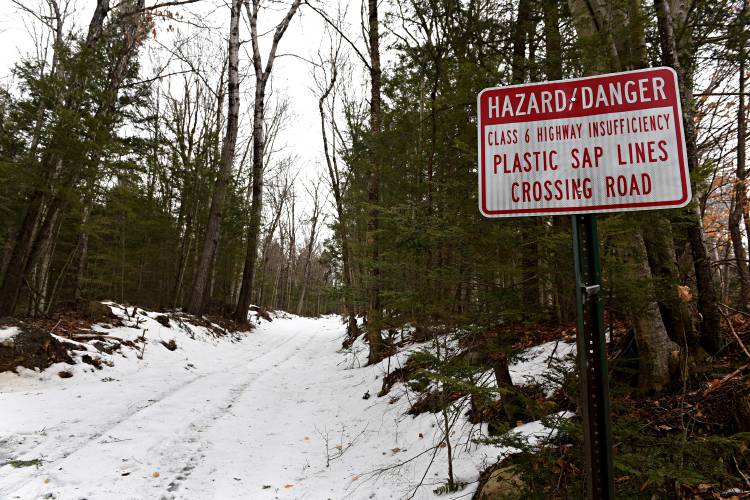 The city of Lebanon, N.H., has installed signs warning of sap lines crossing a number of Class VI roads in the city. (Valley News - Jennifer Hauck) Copyright Valley News. May not be reprinted or used online without permission. Send requests to permission@vnews.com.