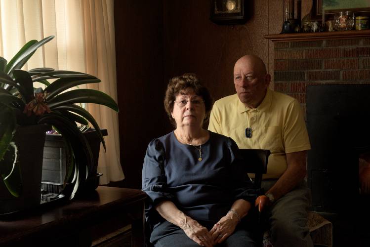Andrew and Marilyn Chatlos, sitting in their White River Junction, Vt., home on Friday, March 22, 2024, are mourning their daughter Christina Chatlos who died in a shooting in St. Johnsbury last January. Chatlos, who was 38, the mother of two, and an avid equestrian, struggled with addiction for years and they said she had recently been released from prison when the shooting happened. (Valley News - James M. Patterson) Copyright Valley News. May not be reprinted or used online without permission. Send requests to permission@vnews.com.