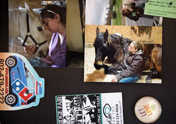 Pictures of Christina Chatlos with her miniature horse Whiskey, at left, and her first horse Taz, right, which she got as a yearling and trained, hang on the refrigerator of her parents Andrew and Marilyn Chatlos, in White River Junction, Vt., on Friday, March 22, 2024. Christina Chatlos struggled with addiction and died of a gunshot wound in St. Johnsbury on January 26. (Valley News - James M. Patterson) Copyright Valley News. May not be reprinted or used online without permission. Send requests to permission@vnews.com.