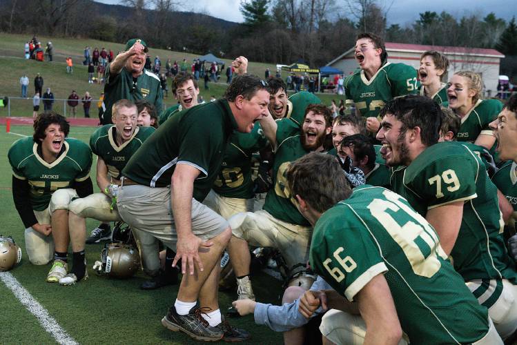 Windsor football Coach Greg Balch congratulates his team after their 35-21 win over BFA-Fairfax in the VPA Div. III football championship in Rutland, Vt., on Saturday, Nov. 12, 2022. (Valley News - James M. Patterson) Copyright Valley News. May not be reprinted or used online without permission. Send requests to permission@vnews.com.