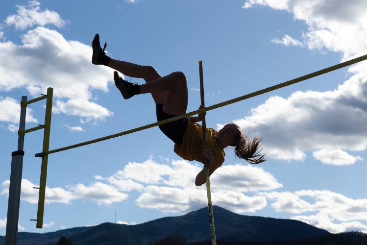Casandra Armstrong, of White River Valley, makes an attempt at 2.3 meters in the pole vault during a meet at Windsor High School in Windsor, Vt., on Tuesday, April 16, 2024. Armstrong cleared 2.15 meters to tie for first in the event with teammate Anya Young and Sophia Rockwood of Windsor. (Valley News - James M. Patterson) Copyright Valley News. May not be reprinted or used online without permission. Send requests to permission@vnews.com.