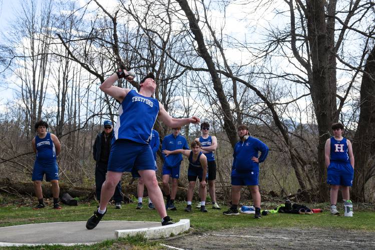 Chase Lefevre, of Thetford, wins the shot put with a distance of 12.02 meters at a meet in Windsor, Vt., on Tuesday, April 16, 2024. (Valley News - James M. Patterson) Copyright Valley News. May not be reprinted or used online without permission. Send requests to permission@vnews.com.