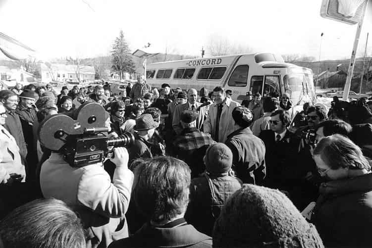 Republican presidential candidate Ronald Reagan campaigns in the Upper Valley in February 1976. (Valley News photograph) Copyright Valley News. May not be reprinted or used online without permission. Send requests to permission@vnews.com.