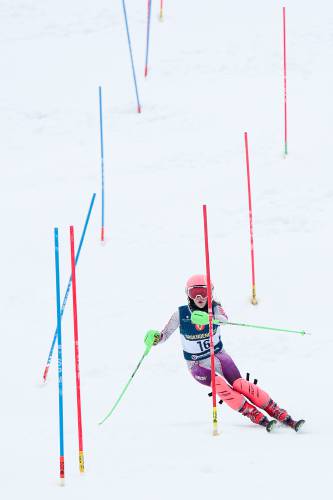 Harper Traendly, of Rivendell, enters a set of tight turns on the slalom course at Saskadena Six in South Pomfret, Vt., on Thursday, Jan. 25, 2024, on her way to a finish in 52.68 seconds in the third qualifying race of the day. Vogelien recorded her best time of 46.76 seconds in her first race. (Valley News - James M. Patterson) Copyright Valley News. May not be reprinted or used online without permission. Send requests to permission@vnews.com.