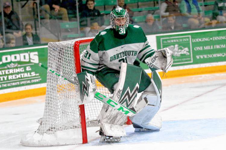 Dartmouth College goaltender Cooper Black in action against Union on March 16, 2024, at Thompson Arena in Hanover, N.H. The 6-foot-8 sophomore is considered one of the best free agent backstops in the country and has drawn considerable NHL attention. (Valley News - Tris Wykes) Copyright Valley News. May not be reprinted or used online without permission.