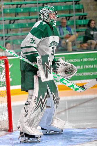 Dartmouth College goaltender Cooper Black in action against Union on March 16, 2024, at Thompson Arena in Hanover, N.H. The 6-foot-8 sophomore is considered one of the best free agent backstops in the country and has drawn considerable NHL attention. (Valley News - Tris Wykes) Copyright Valley News. May not be reprinted or used online without permission.