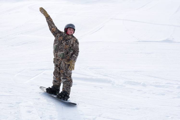 C.J. Haskins, 13, of East Corinth, tries to keep his balance on opening day at Northeast Slopes on Friday, Jan. 19, 2024. Haskins is one of 65 sixth through eighth graders from Waits River Valley School that visit the hill for lessons and open skiing once a week in the winter when conditions permit. (Valley News - James M. Patterson) Copyright Valley News. May not be reprinted or used online without permission. Send requests to permission@vnews.com.