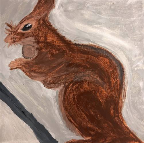 A portrait of a squirrel that Kathy Tracy, a member and volunteer at Bugbee Senior Center, painted as part of the organization's Bad Art Fundraiser. (Courtesy Bugbee Senior Center) 