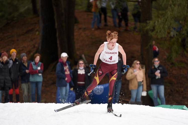 Lebanon's Olivia Hanna comes out of a tight corner when competing in the NHIAA D-II Nordic Ski Championship in Hanover, N.H., on Wednesday, March 6, 2024. Hanna placed first in the Eastern High School Championships on Sunday, March 17, 2024. (Valley News - Jennifer Hauck) Copyright Valley News. May not be reprinted or used online without permission. Send requests to permission@vnews.com.