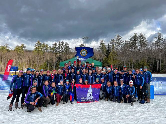 Team New Hampshire celebrates its first Eastern High School Championship win in three decades at the Holderness School on March 17, 2024.