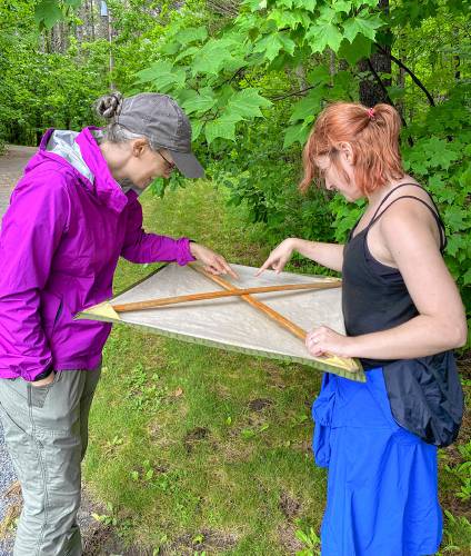 Vermont Center for Ecostudies' field technicians Amber Jones, left, and Julia Stahl use a beat sheet to sample and identify insects from the edge of a lawn that was chemically-treated for ticks. (Vermont Center for Ecostudies — Hannah Obenaus)