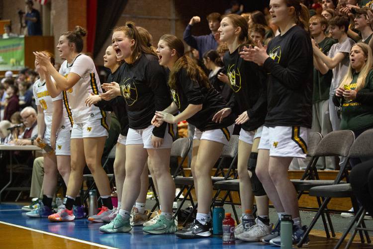 Windsor players cheer from the bench in the final minutes of a VPA D-III girls basketball semifinal game against Richford at Barre Auditorium in Barre, Vt., on Thursday, March 7, 2024. Windsor won, 46-33. (Valley News / Report For America - Alex Driehaus) Copyright Valley News. May not be reprinted or used online without permission. Send requests to permission@vnews.com.