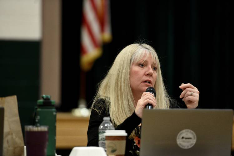 Brigitte Codling speaks during the Haverhill Town Meeting on Saturday, March 16, 2024, in Haverhill, N.H. Codling's position as Town Manager was eliminated by voters earlier this month.  (Valley News - Jennifer Hauck) Copyright Valley News. May not be reprinted or used online without permission. Send requests to permission@vnews.com.
