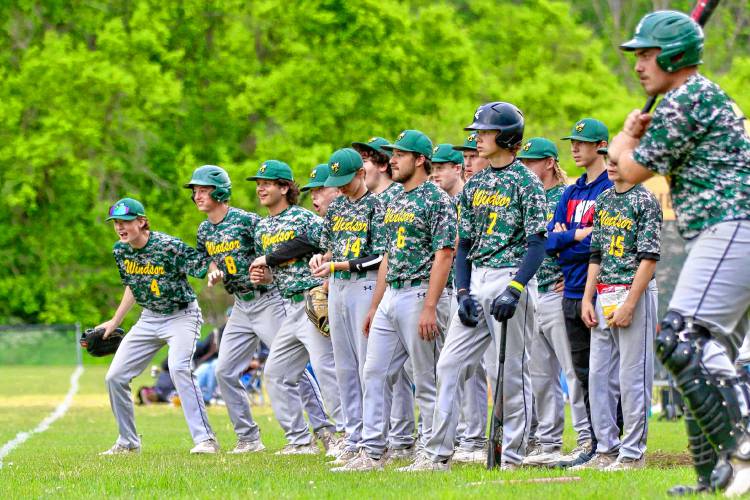 Windsor High baseball players, including Alden Weld (4), Joey Gaudette (8), Travis McAllister (14), Maison Fortin (6) and Hayden Pascarelli (7), watch a tense moment during their 1-0 loss to White River Valley in the Vermont Division III quarterfinals on June 6, 2023, in South Royalton, Vt. (Valley News - Tris Wykes) Copyright Valley News. May not be reprinted or used online without permission. Send requests to permission@vnews.com.