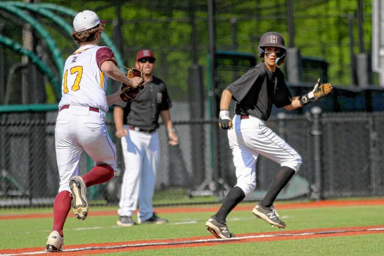 Lebanon High's Zach Aldrich, left, and Hanover's JoJo Drent, seen during the teams' May 24, 2024, game at Dartmouth College's Red Rolfe Field at Biondi Park, figure to each be impact players this spring. (Valley News - Tris Wykes) Copyright Valley News. May not be reprinted or used online without permission. Send requests to permission@vnews.com.