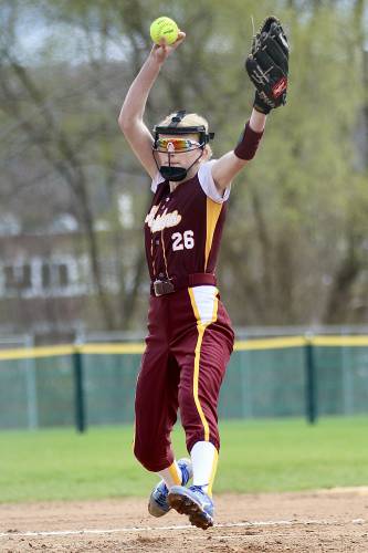 Lebanon High pitcher Ava Kaercher winds up against Coe-Brown during the NHIAA Division II teams' game on April 20, 2024, in Lebanon, N.H. Kaercher struck out 13 Generals during a 6-5 victory. (Valley News - Tris Wykes) Copyright Valley News. May not be reprinted or used online without permission. Send requests to permission@vnews.com.