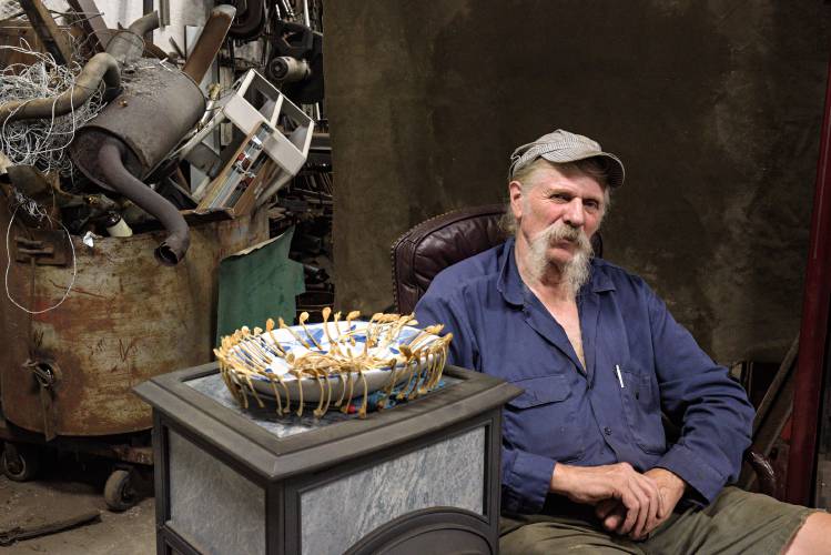 After collecting wishbones for more than 10 years from the chickens he eats with his wife, Jim Dow, 68, in his fabrication shop in Hartford, Vt., on Monday, Sept. 18, 2023, decided to offer them up in an ad on the Goods-UV list serv. 