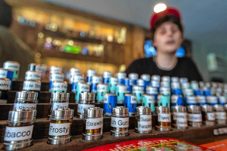 A wide variety of flavors are available for e-cigarette customers at Artisan Vapor in Burlington, Vt., on Friday, July 5, 2019. (VtDigger file - Glenn Russell)