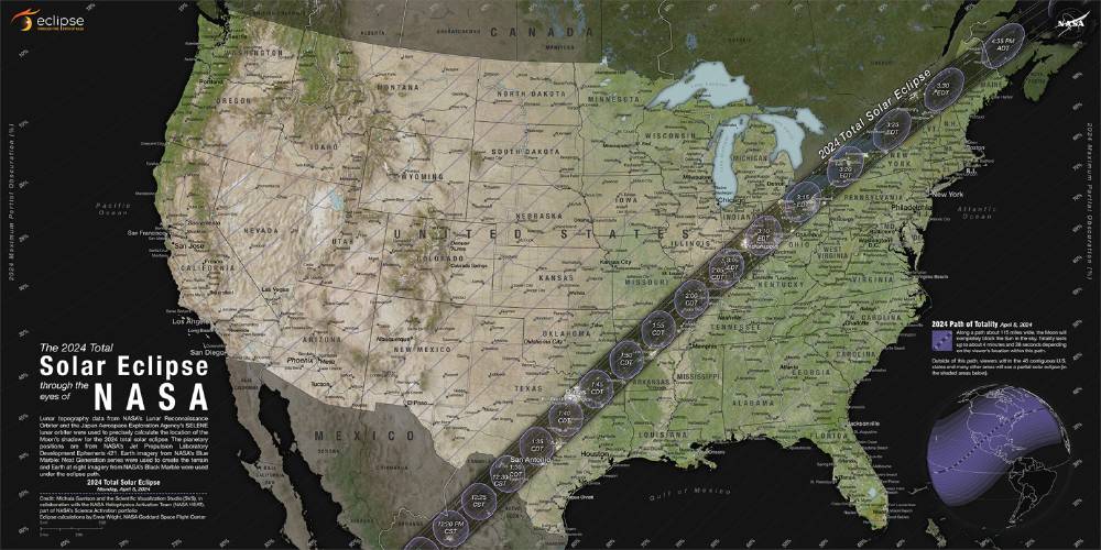 A map showing the projected path of the solar eclipse on April 8, 2024. (NASA)
