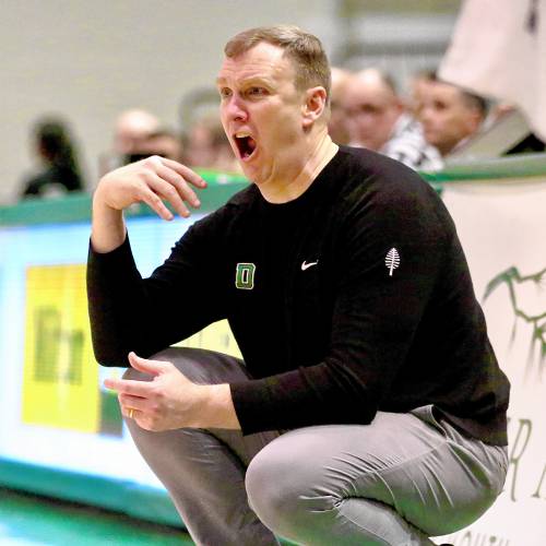 Dartmouth College men's basketball coach David McLaughlin shouts during his Ivy League team's 82-69 loss to Penn on Feb. 23, 2024, at Leede Arena in Hanover, N.H. (Valley News - Tris Wykes) Copyright Valley News. May not be reprinted or used online without permission. —Tris Wykes valley news photographs — Tris Wykes