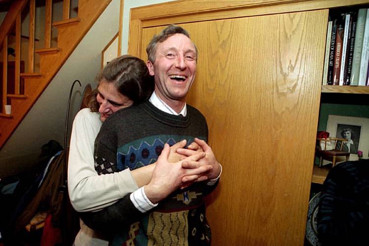 Hanover businessman Jim Rubens, who squeaked out a New Hampshire Senate victory, gets a hug from companion Susan Locke in Etna, N.H., on Nov. 8, 1994. The Republican defeated Democrat Anne Rowe, of Wilmot, N.H., for the District 5 seat. (Valley News - Robert Pope) Copyright Valley News. May not be reprinted or used online without permission. Send requests to permission@vnews.com.