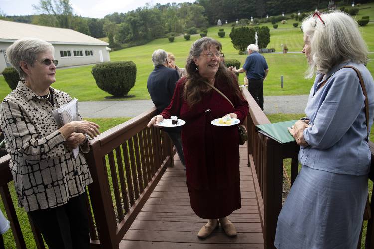 From left, Associates Sharon Markowitz, of Enfield, N.H., Sharon Guaraldi, of Canaan, N.H., and Francine Lozeau, of Enfield, gather outside following a Mass and procession celebrating the feast of Our Lady of La Salette at the Shrine of Our Lady of La Salette in Enfield, N.H., on Sunday, Sept. 17, 2023. (Valley News / Report For America - Alex Driehaus) Copyright Valley News. May not be reprinted or used online without permission. Send requests to permission@vnews.com.