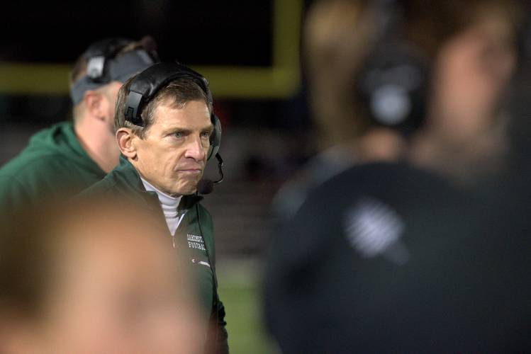 Dartmouth Head Coach Buddy Teevens watches as his team puts together an offensive push resulting in a touch down against Penn at Memorial Field in Hanover, N.H. Friday, September 30, 2016. (Valley News - James M. Patterson) Copyright Valley News. May not be reprinted or used online without permission. Send requests to permission@vnews.com.