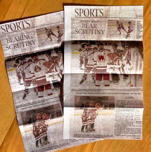 Sharp-eyed reader Ann Seibert, of Norwich, noted with some puzzlement that the Hanover High School hockey players depicted in the Feb 16 Valley News were called Bears, but wore uniforms with the school's old Marauders mascot. So she fabbed up a new page with some stitched-on bears and sent it to the Forum. 