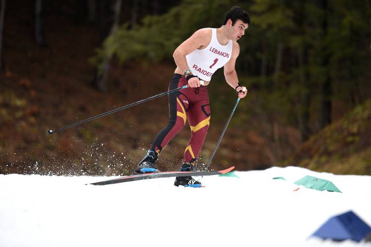 Lebanon's James Barnett competes in the NHIAA D-II Nordic Ski Championship in Hanover, N.H., on Wednesday, March 6, 2024.  (Valley News - Jennifer Hauck) Copyright Valley News. May not be reprinted or used online without permission. Send requests to permission@vnews.com.