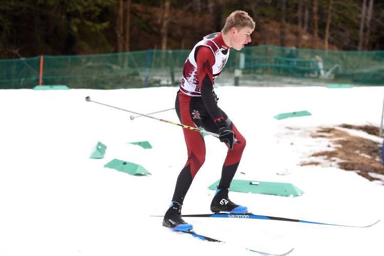 Hanover's Donovan VanCitters takes a corner during the NHIAA D-II Nordic Ski Championship in Hanover, N.H., on Wednesday, March 6, 2024.  (Valley News - Jennifer Hauck) Copyright Valley News. May not be reprinted or used online without permission. Send requests to permission@vnews.com.
