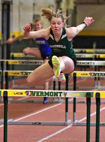 Rivendell Academy's Sydney Schoenbeck, who trains with Hartford, shows her winning form in the 55 meter hurdles at the Vermont Division II state indoor track meet held in Burlington on Jan. 27. Schoenbeck also won the high jump, was second in the long jump and third in the 300 meters. (BigZig Photography) 