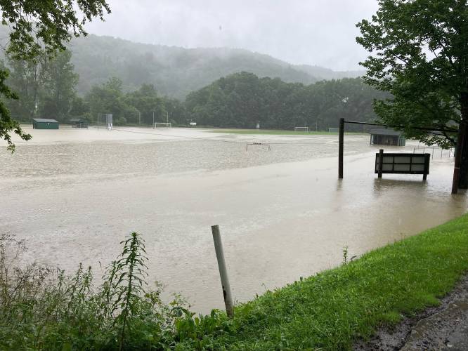 Athletic fields in Bethel, Vt., were under water on Monday, July 10, 2023.