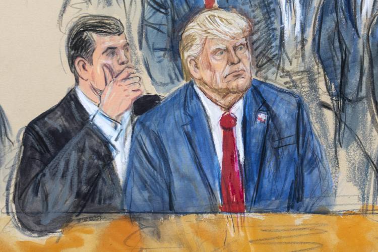 FILE - This artist sketch depicts former President Donald Trump, right, conferring with defense lawyer Todd Blanche, left, during his appearance at the Federal Courthouse in Washington, Thursday, Aug. 3, 2023. Former President Donald Trump and his legal team face long odds in their bid to move his 2020 election conspiracy trial out of Washington. They argue the Republican former president can’t possibly get a fair trial in the overwhelmingly Democratic nation’s capital. (Dana...