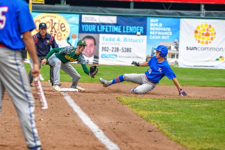 Jacob Gilman just makes it to third for Thetford ahead of a throw while White River Valley's Ty Couture covers the bag. The Panthers bested the Wildcats during Saturday's D-III championship game in Burlington. (Tim Calabro / White River Valley Herald)
