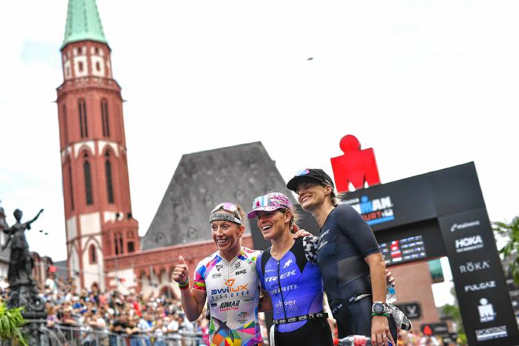 FRANKFURT AM MAIN, GERMANY - JULY 2: (L-R) Agnieszka Jerzyk of Poland, Skye Moench of United States of America and Sarah True of United States of America pose after competing at the IRONMAN European Championship Frankfurt on July 2, 2023 in Frankfurt am Main, Germany. (Photo by Alexander Koerner/Getty Images for IRONMAN)
