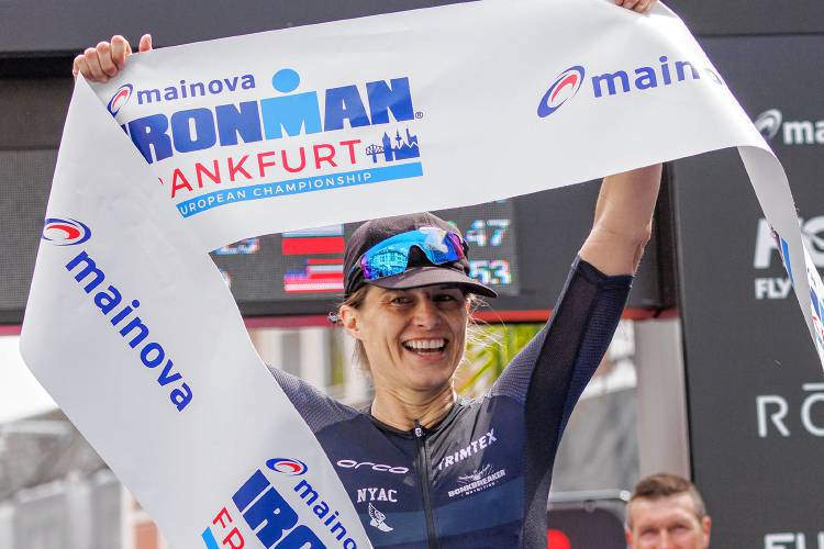 FRANKFURT AM MAIN, GERMANY - JULY 02: Sarah True of the United States of America react after crossing the finish line of the IRONMAN European Championship Frankfurt on July 02, 2023 in Frankfurt am Main, Germany. (Photo by Jan Hetfleisch/Getty Images for IRONMAN)