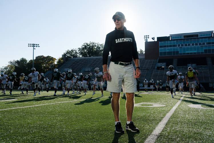 Dartmouth College Football Head Coach Buddy Teevens holds practice on Memorial Field in Hanover, N.H., on Wednesday, Oct. 13, 2021. (Valley News - James M. Patterson) Copyright Valley News. May not be reprinted or used online without permission. Send requests to permission@vnews.com.
