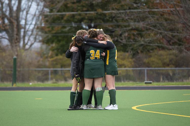 Windsor teammates react after losing the VPA Division 3 field hockey state championship game against Montpelier at the University of Vermont’s Moulton Winder Field in Burlington, Vt., on Saturday, Nov. 4, 2023. (Valley News / Report For America - Alex Driehaus) Copyright Valley News. May not be reprinted or used online without permission. Send requests to permission@vnews.com.