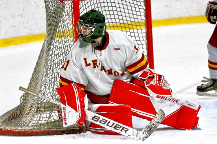 Lebanon-Stevens-Mascoma goaltender Evan George, shown during action on Dec. 7, 2022, backstopped the Raiders to the Philippe H. Bouthillier Holiday Classic title on Dec. 28, 2023. (Valley News - Tris Wykes) Copyright Valley News. May not be reprinted or used online without permission. Send requests to permission@vnews.com.
