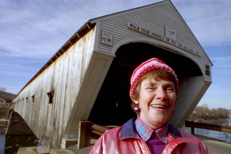 Ethel Nelson, of Cornish, N.H., the self-described “bridge lady,” stands before the Cornish-Windsor covered bridge on Jan. 30, 1995. Nelson is trying to get the U.S. Postal Service to issue a commemorative stamp of the bridge. (Valley News - Geoff Hansen) Copyright Valley News. May not be reprinted or used online without permission. Send requests to permission@vnews.com.