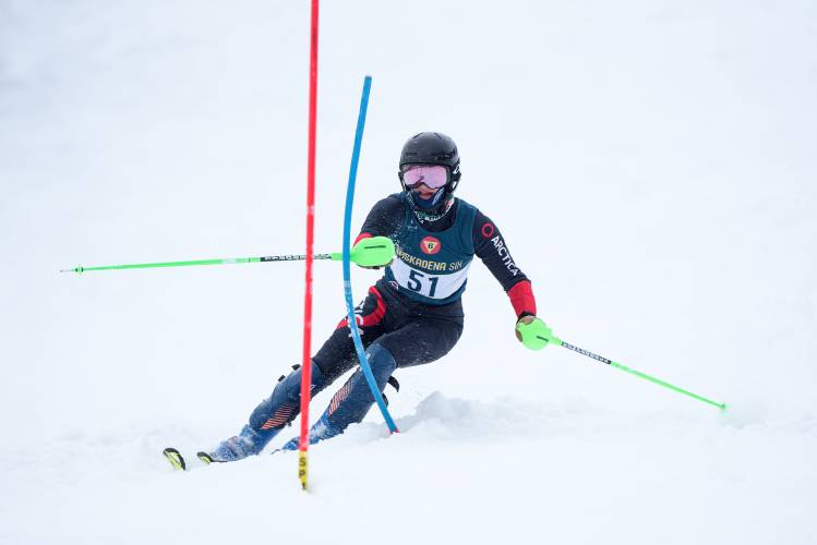 Bode Wood, of Woodstock, skis toward a finish of 50.21 seconds on his final race of the day during a qualifying meet for the eastern states championship at Sasadena Six in South Pomfret, Vt., on Thursday, Jan. 26, 2024. Wood's best time of the day came in the first race at 40.93 seconds and he was among the top five finishers on all three runs. (Valley News - James M. Patterson) Copyright Valley News. May not be reprinted or used online without permission. Send requests to permission@vnews.com.