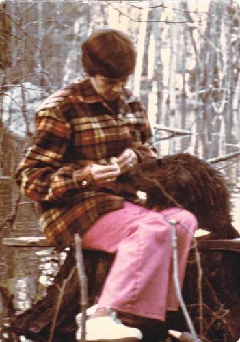 Ethel Nelson with a beaver in Cornish, N.H., in 1975. Nelson became a local celebrity after befriending them.  In 1993, she gave a talk at the Cornish Meetinghouse titled: “My Five Year Friendships with Beavers.” (Family photograph)