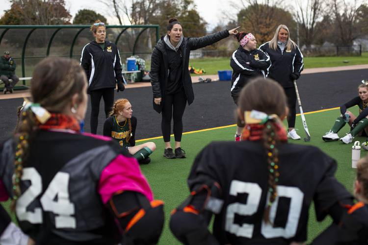 Windsor head coach Blake Wardwell, center, gives her team a pep talk during half time of the VPA Division 3 state championship game against Montpelier at the University of Vermont’s Moulton Winder Field in Burlington, Vt., on Saturday, Nov. 4, 2023. Montpelier won, 2-0. (Valley News / Report For America - Alex Driehaus) Copyright Valley News. May not be reprinted or used online without permission. Send requests to permission@vnews.com.