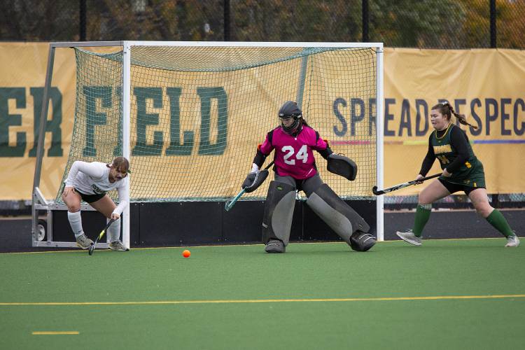 Windsor goal keeper Sydney Perry defends the goal during the VPA Division 3 state championship game against Montpelier at the University of Vermont’s Moulton Winder Field in Burlington, Vt., on Saturday, Nov. 4, 2023. Montpelier won, 2-0. (Valley News / Report For America - Alex Driehaus) Copyright Valley News. May not be reprinted or used online without permission. Send requests to permission@vnews.com.
