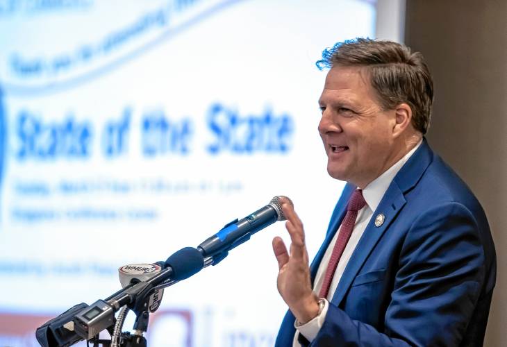 New Hampshire Governor Chris Sununu speaks at the State of State address at the Greater Concord Chamber of Commerce event at the Grappone Center in Concord on Tuesday, March 22, 2023.