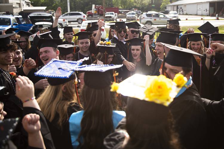 Members of the class of 2023 cheer before their graduation ceremony at Newport High School in Newport, N.H., on Thursday, June 15, 2023. (Valley News / Report For America - Alex Driehaus) Copyright Valley News. May not be reprinted or used online without permission. Send requests to permission@vnews.com.