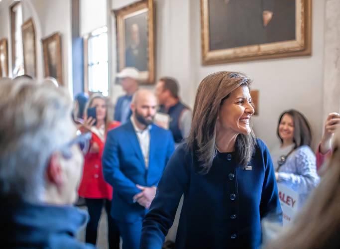 Presidential candidate Nikki Haley walks the hallways of the State House before filing for the 2024 Primary on Friday morning, October 13, 2023. Mike Pence preceded Haley in filing.