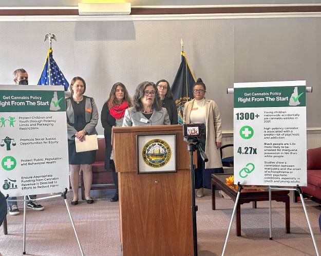 Kate Frey, vice president of advocacy at New Futures with members of the Cannabis Policy Coalition for Public Health and Social Justice on Tuesday at a press conference