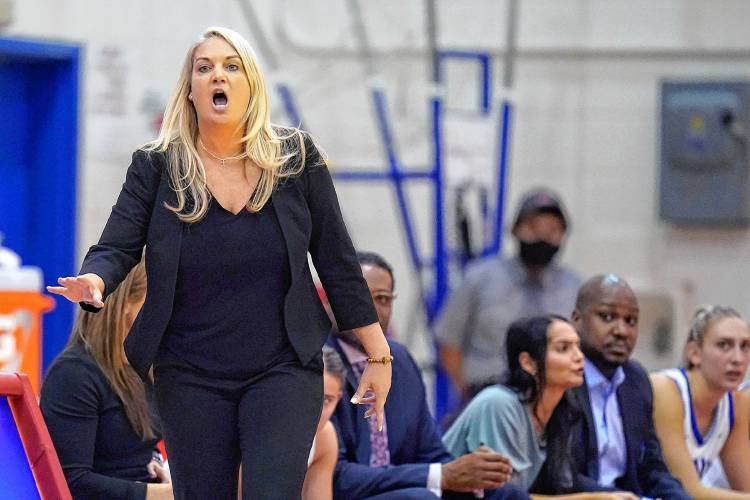 St. Francis head coach Linda Cimino reacts to a play during an NCAA basketball game against Michigan St, Tuesday, Nov. 23, 2021 in New York. St. Francis won 66-63. (AP Photo/Vera Nieuwenhuis)