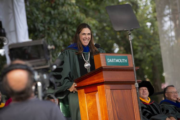 Dartmouth President Sian Leah Beilock addresses the crowd during her inauguration in Hanover, N.H., on Friday, Sept. 22, 2023. Beilock is the first woman to hold the college’s highest office. (Valley News / Report For America - Alex Driehaus) Copyright Valley News. May not be reprinted or used online without permission. Send requests to permission@vnews.com.
